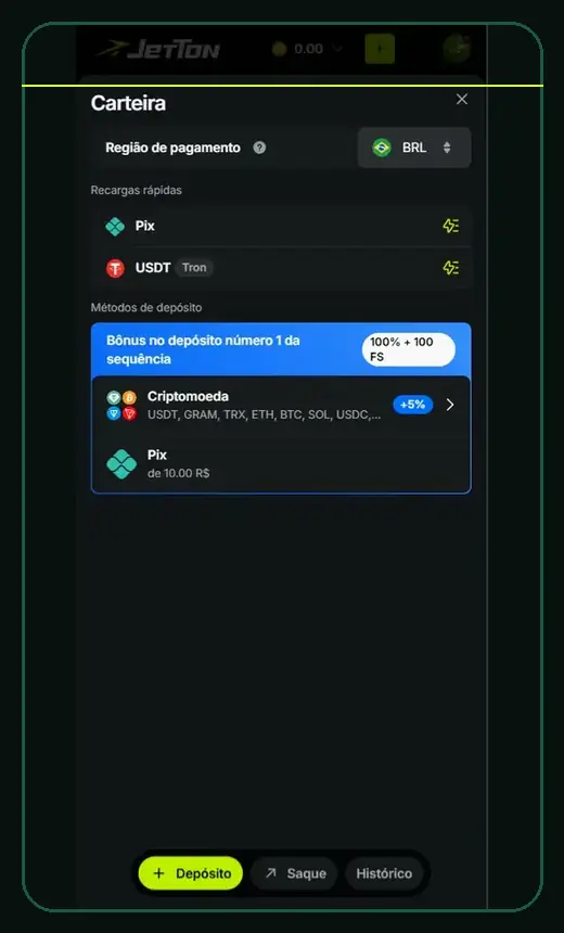 Interface JetTon relacionada a Como fazer um depósito