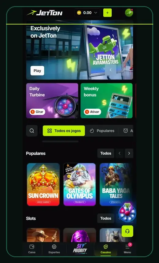 Interface JetTon relacionada a Jogos e fornecedores